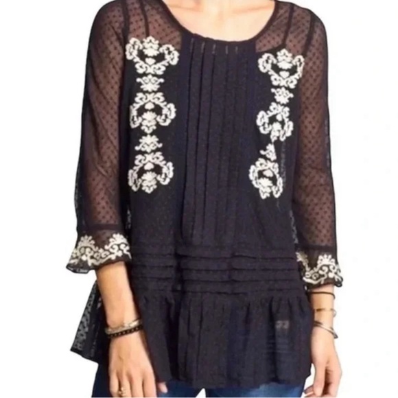 Free People Women's Black Jocelyn Pleated Dot Ruffle Lace Tunic Size medium M - Picture 1 of 9